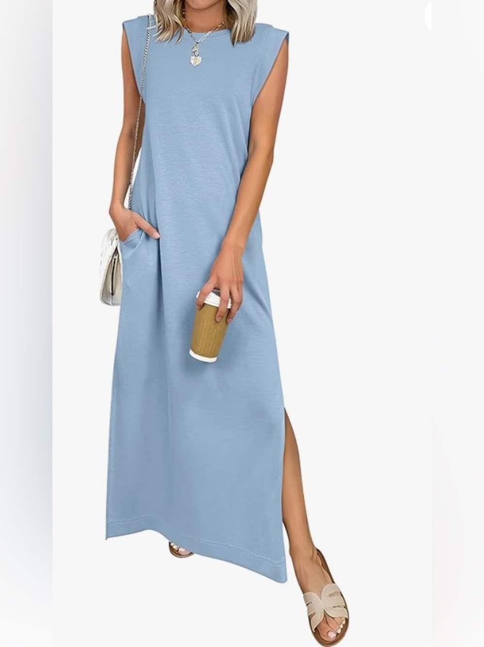 ANRABESS Light Blue Shoulder Pad Midi Dress with Pockets Size M